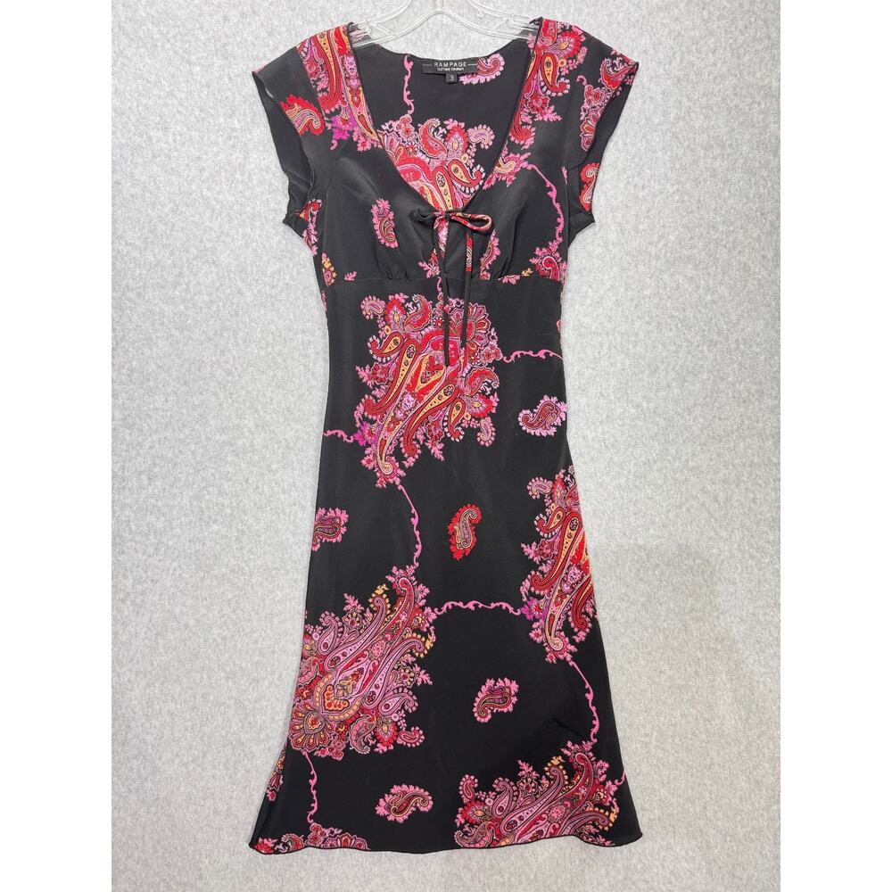 VTG Y2K Rampage Paisley Babydoll Midi Sz 3 XS Black Pink Feminine Bias Boho Chic